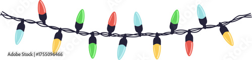 A string of colorful outdoor electric light bulbs hangs in a gentle arc against a plain white background. Christmas vector illustration