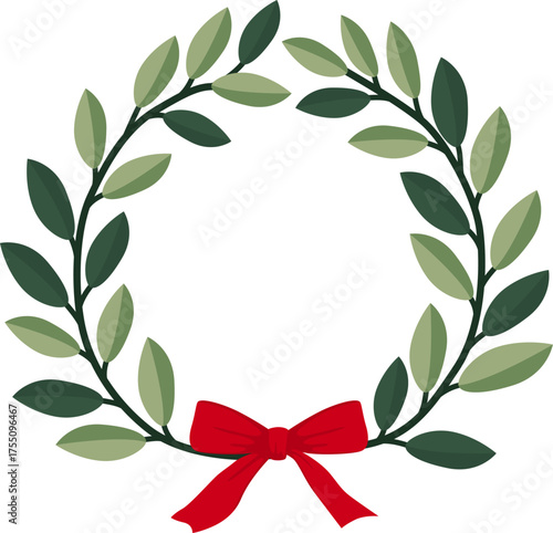 A green laurel wreath design features dark green leaves and a bright red bow centered at the bottom against a white background. Christmas vector illustration