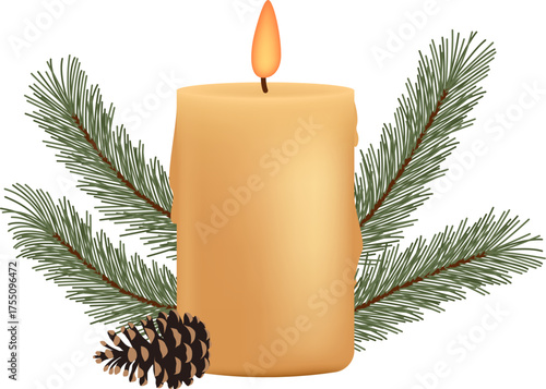 A lit yellow candle sits centered with green pine branches and a brown pine cone against a white background. Christmas vector illustration