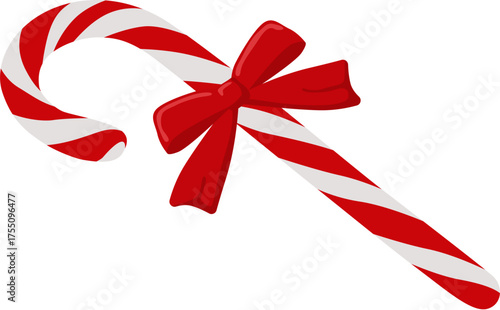 Red and white striped candy cane with a bright red bow set against a clean white background. Christmas vector illustration