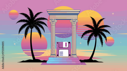 Retro Arcade Sunset Scene With Palm Trees