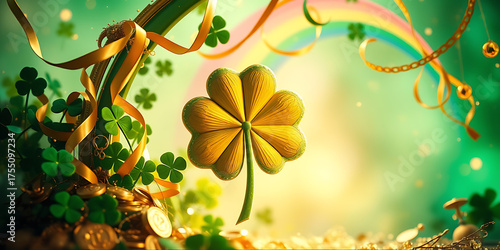 A magical 3D illustration of a four-leaf clover under a decorative green arch, surrounded by gold coins and flowing yellow ribbons for St. Patrick's Day