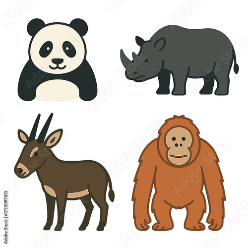 Adorable panda, rhino, antelope, and orangutan illustrations