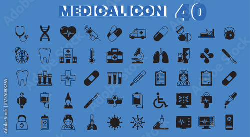 Collection of 40 medical and healthcare icons in silhouette on a blue background representing health and science