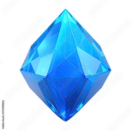 A bright, translucent, blue crystal with many facets, set against a stark black background