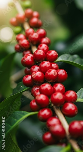 Fresh coffee beans ripening on a branch with lush green leaves in the background, symbolizing natural growth and coffee harvest