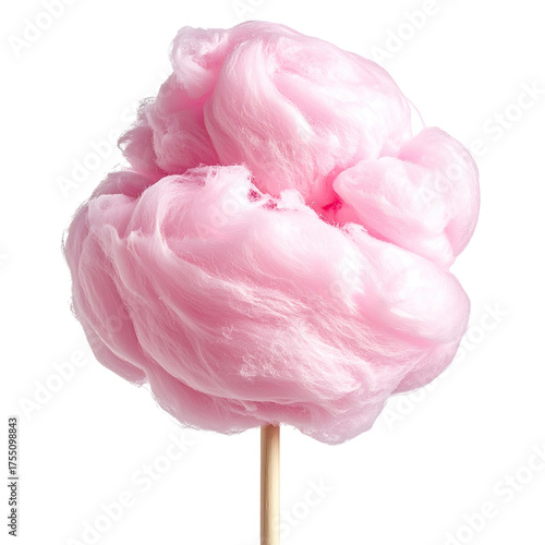 A vibrant, fluffy cloud of pink confection on a wooden stick, isolated on a black background
