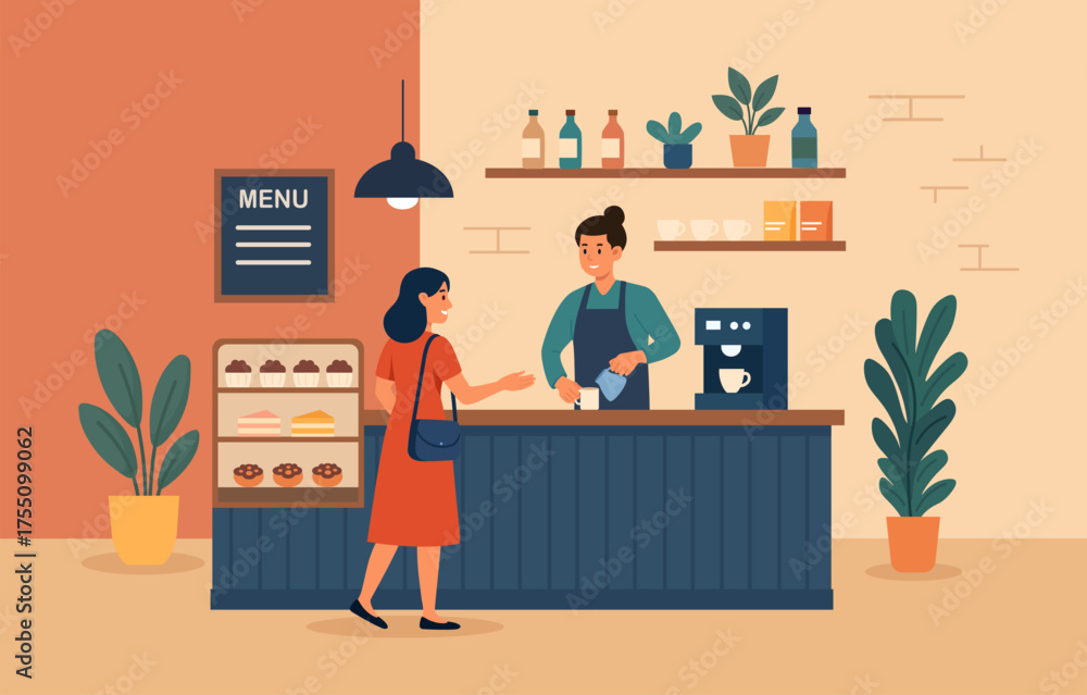Fototapeta premium Female customer talking to man at counter in cafe shop. Barista brews hot drinks on a coffee machine, standing behind the bar in the cozy interior of an eco-friendly cafe. Hospitality service scene