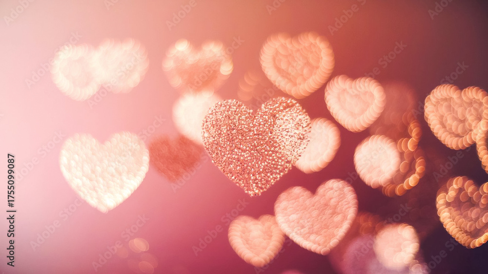 Fototapeta premium Delicate pink heart shapes formed by glittering bokeh lights create a romantic, dreamy mood. Perfect for Valentine’s Day, love, weddings, social media campaigns, and cozy, affectionate branding.