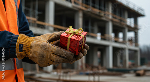 Construction worker holding red gift box with gold ribbon at building site, Christmas in construction