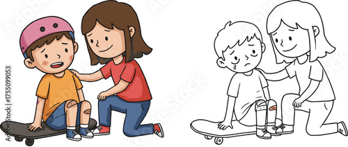 Empathy illustration, injured boy comforted, caring girl scene, skateboard accident moment, children cartoon vector, emotional support, coloring page version
