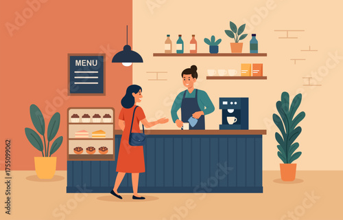 Female customer talking to man at counter in cafe shop. Barista brews hot drinks on a coffee machine, standing behind the bar in the cozy interior of an eco-friendly cafe. Hospitality service scene
