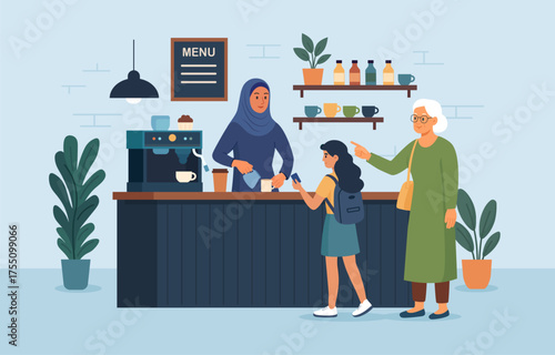 Muslim female barista making coffee with milk in cozy cafe. Woman brewing hot drink with espresso machine standing at bar counter desk and serves customers. Hospitality service scene
