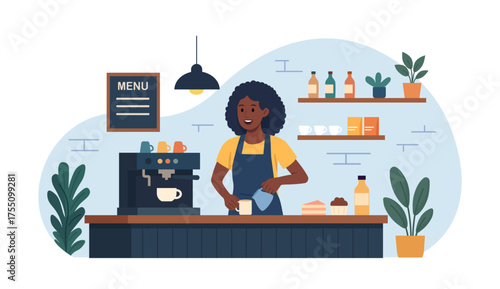 Female barista making coffee with milk in cozy cafe. Woman brewing hot drink with espresso machine standing at bar counter desk. Hospitality service scene