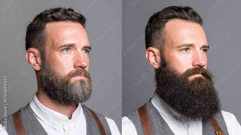 Fototapeta premium Beard Transformation: A detailed perspective comparing the progression of beard growth, showcasing the transition of a mature beard.