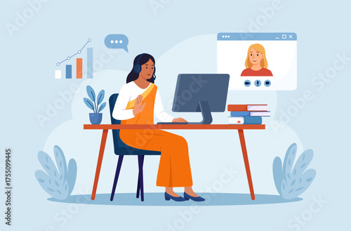 Indian woman hosts video meeting with client. Remote work. Customer care support, training, inclusive digital communication. Diverse team members connect through video call. Online business conference