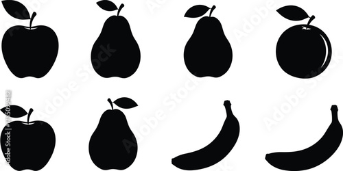 Fruit silhouette grid, apple, pear, banana, orange, black vector, minimal design, healthy food, organic, fresh, clean, icon set