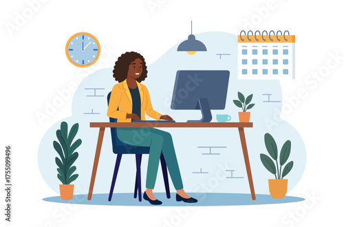 African woman working at workplace, typing, surfing internet, using technology. Business planning and analytics. Productivity and positive environment. Freelance. Remote work in home office