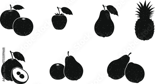 Fruit silhouette illustration, orange, strawberry, pear, pineapple, mangosteen vector, black and white design, tropical fruit icons, botanical sketch set