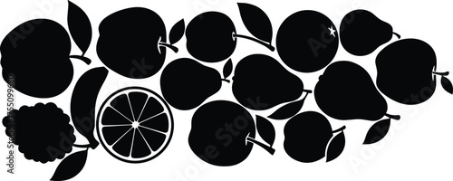 Fruit silhouette vector, apple orange pear peach plum raspberry, sliced citrus detail, black icon set, minimal design, editable illustration
