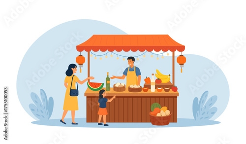 Asian street market kiosk. Local outdoor fair. Street food stand with lanterns and buyers at counters. Friendly vendor serving dumplings, vegetables, snacks to customers. Arabic or Indian marketplace