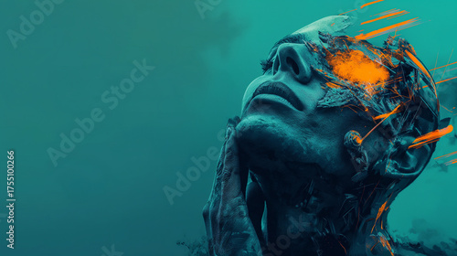 Cybernetic human figure in blue tones with bright orange accents, representing the fusion of artificial intelligence and human consciousness in a futuristic concept. Copy space