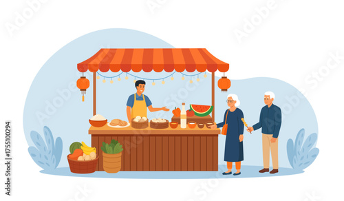 Asian street market kiosk. Local outdoor fair. Colorful street food stand with lanterns and buyers at counters. Friendly vendor serving dumplings and noodle to customers. Arabic or Indian marketplace