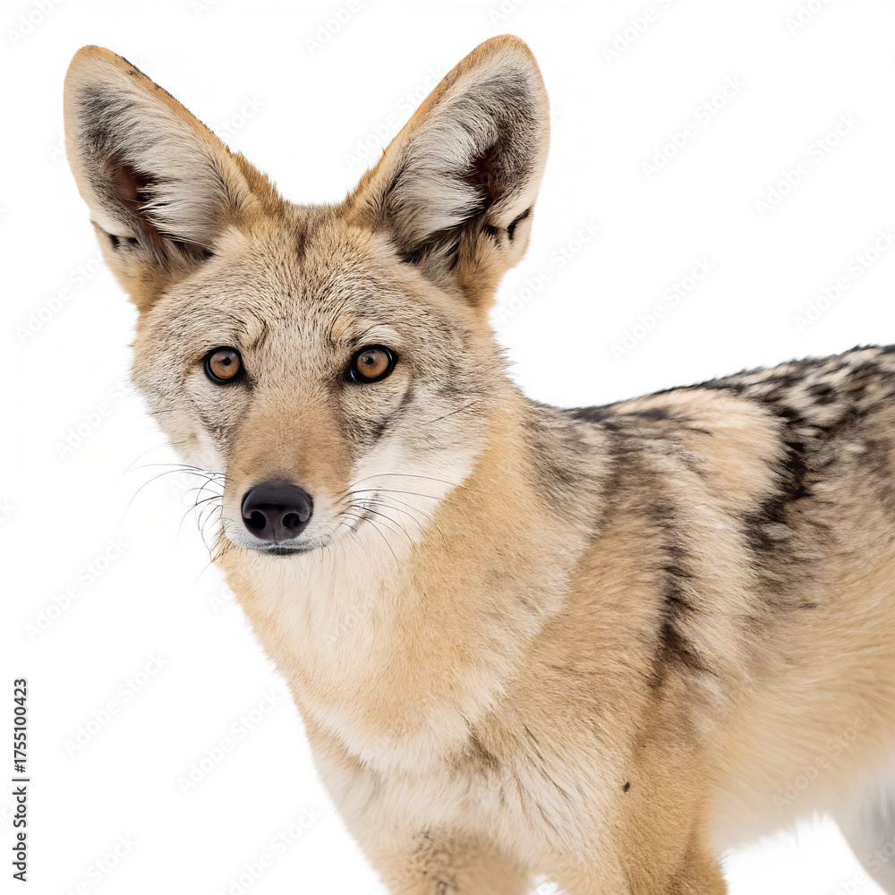 Obraz premium A close-up of a coyote with a light brown coat and large ears. The animal has sharp eyes and a slender build, set against a black background.