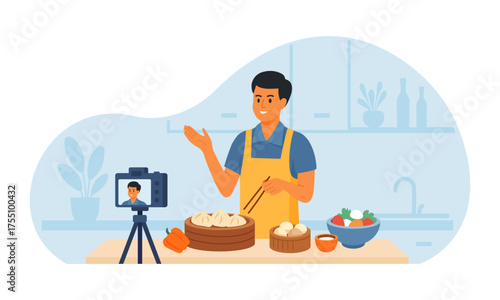 Smiling food vlogger records a step by step recipe in cozy kitchen using camera and tripod. Chef live streaming cooking new recipe. Content, social media posts creation. Video tutorial, culinary show