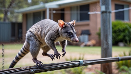 Herbert River ringtail possum hopping across power line near house