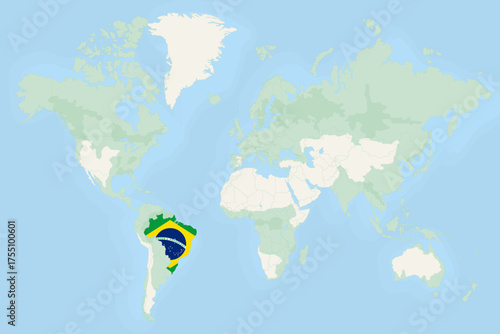 Brazil Highlighted on World Map with National Flag. Brazil Map and Flag.