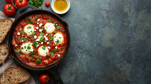 A vibrant shakshuka dish featuring poached eggs in a rich tomato sauce, topped with feta and parsley. Served with rustic bread and olive oil for a wholesome Mediterranean meal.