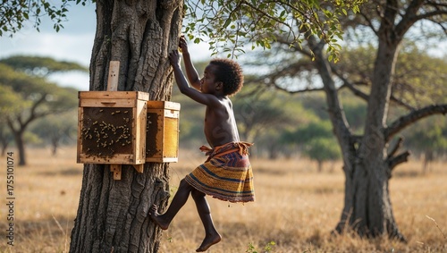 Homo sapiens Hadza child climbing tree near savanna beehive display