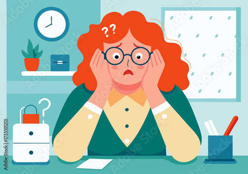 Overwhelmed Businesswoman with Head in Hands at Bright Office Desk