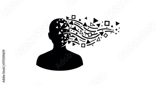 Abstract representation of a silhouette head dissolving into digital data and geometric shapes.