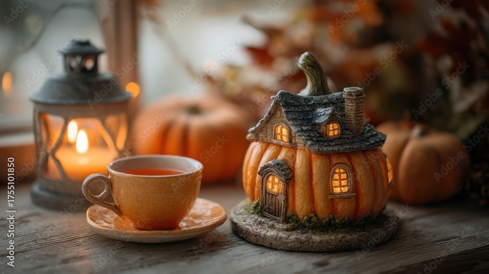 Fototapeta premium Cozy autumn still life with pumpkin house and tea cup