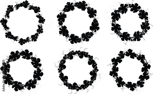 Grapevine wreath illustration, circular leaf design, black silhouette vector, botanical ornament, seasonal frame, rustic vine artwork, decorative border  wreath 