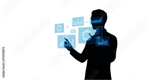 Man interacting with futuristic holographic data displays, exploring digital information