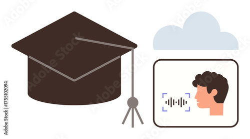Graduation cap, cloud, and person speaking into voice recognition highlight online education, remote learning, knowledge sharing, innovation, cloud computing, technology and virtual collaboration. A