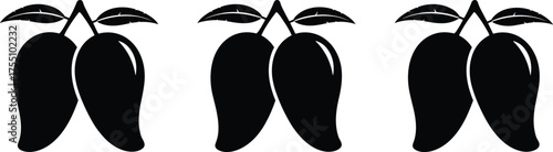 Mango fruit silhouette illustration, tropical fruit vector, black design, leaf detail, minimal style, botanical sketch, summer icon, exotic shape