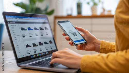 Person using laptop and phone for online shopping viewing shoes on a website with a shopping cart
