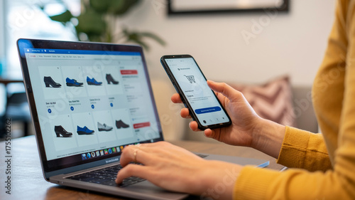 Woman shopping for shoes online using a laptop and a smartphone to complete the purchase process