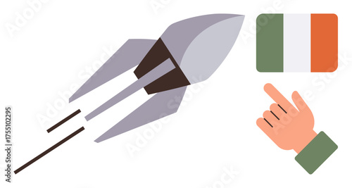 Rocket launching diagonally, Irish flag on the right, hand pointing. Ideal for innovation, technology, exploration, aerospace, global collaboration patriotism progress. Flat and simple metaphor