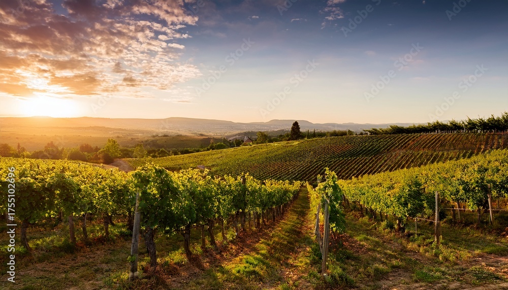 Fototapeta premium Vineyard Field At Sunset Rows Of Grape Plants On Hillside Warm Evening Light Scenic Rural Landscape Agriculture And Viticulture Countryside Farming View Organic Grape Plantation