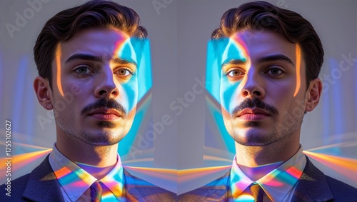 Illusionist splitting himself into two visible reflections under prism light