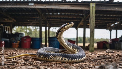 Indian cobra coiled under overhang near barn storage