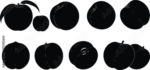Peach silhouette illustration, black fruit vector, stem and leaf detail, minimalist peach shape, botanical sketch, summer fruit design, flat icon