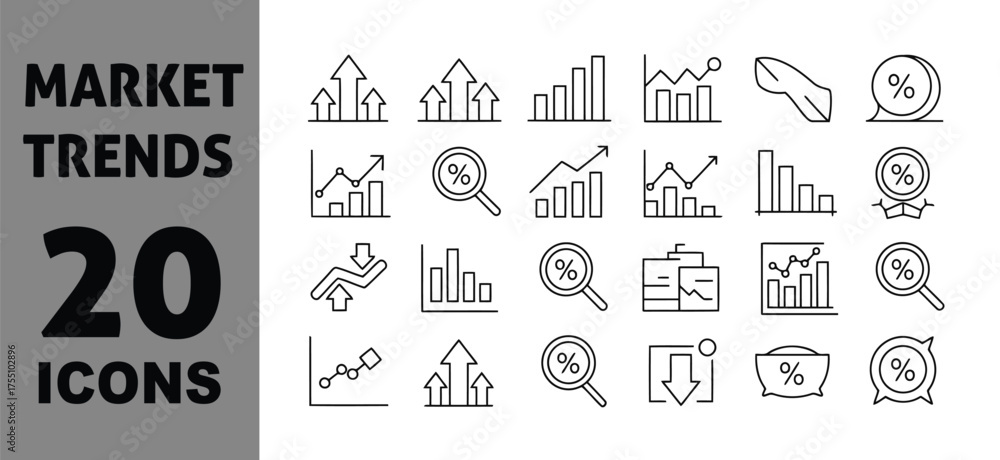 Naklejka premium Market trends 20 vector icons for business growth analytics and financial data
