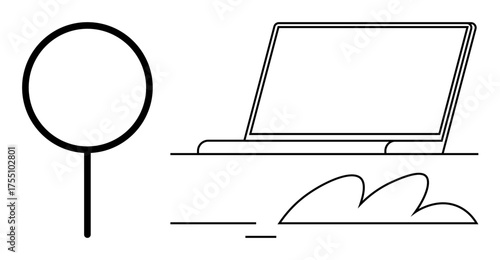 Minimalistic magnifying glass next to laptop with abstract design elements. Ideal for research, technology, analysis, discovery, innovation, learning, online tools. A simple flat metaphor