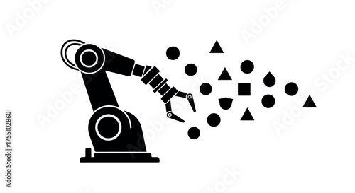 Industrial robot arm creating geometric shapes from particles, representing automation and manufacturing.